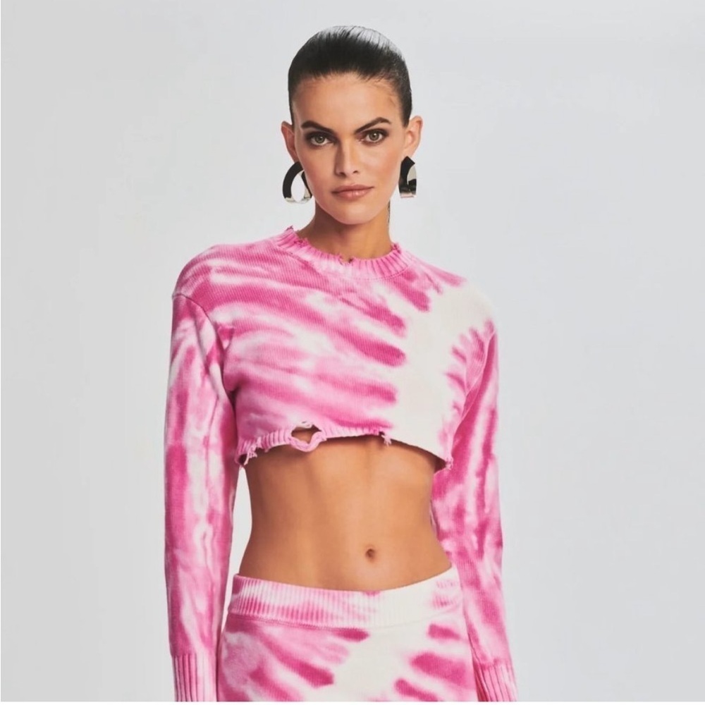 SER.O.YA Pink and White Tie-Dye Cropped Sweater